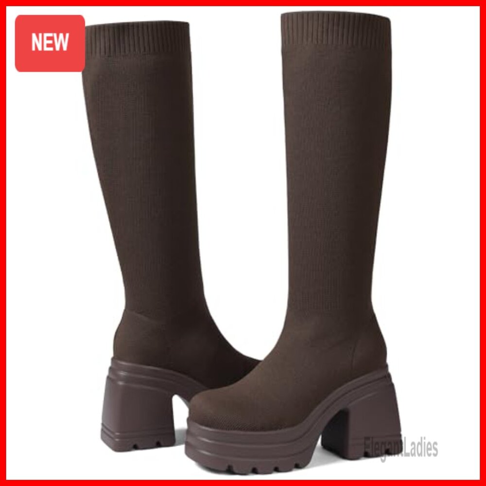 Knee High Boots Wide Calf Stretch Knit Platform Heel Square Toe Fall - Picture 4 of 7